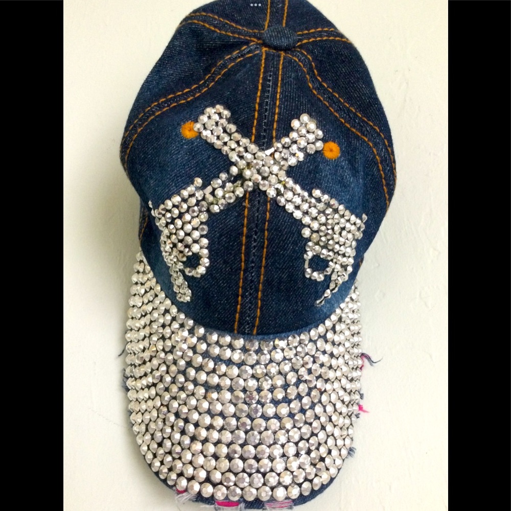 Distressed Denim & Bling Cap Adjustable 100% Cotton Never Worn